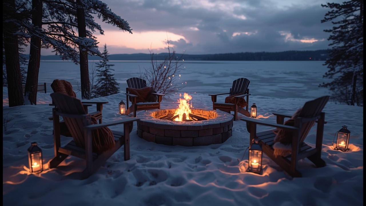 Snowy Lakeside Fire Pit ❄️🔥 Lo-Fi Beats Ambience | Cozy Winter Night by the Lake 4K