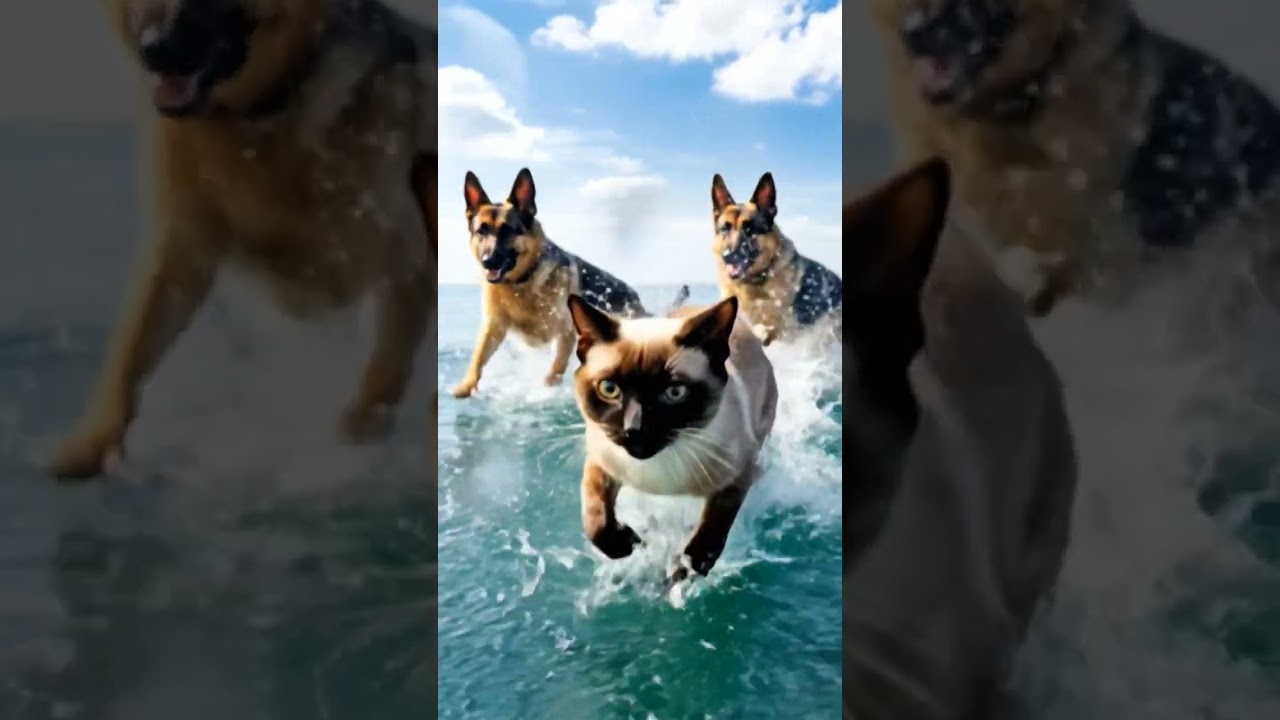 Two dogs and a cat running on water