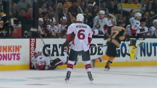 Bergeron crushes Stalberg with a clean hit