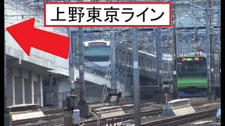 神田駅から見た新幹線上の高い高架区間に登っていく上野東京ライン常磐線下りE531系