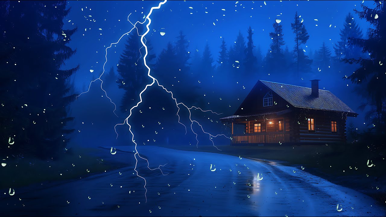 Effective Healing and Fall Asleep with Heavy Rain and Thunder in a Night Forest