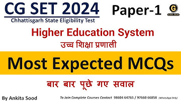 Chhattisgarh SET 2024| Higher Education Most Expected MCQs for CG SET Paper 1 Preparation