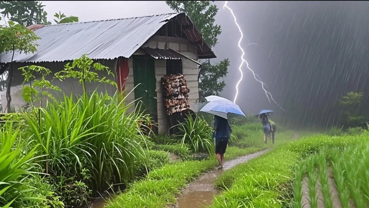 Сильный дождь, молнии и сильный ветер обрушились на холмистую деревню||очень сильный и холодный
