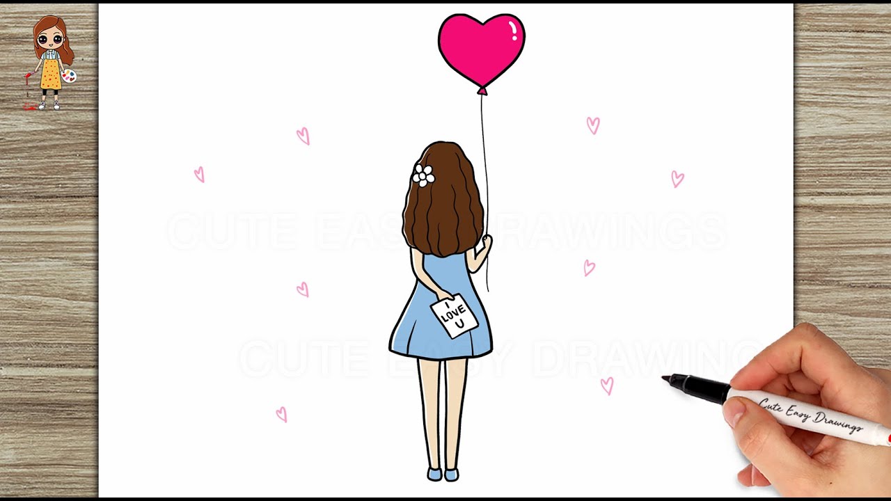Cute Girl with Heart Balloon Easy Drawing How to Draw Cute Girl Easy