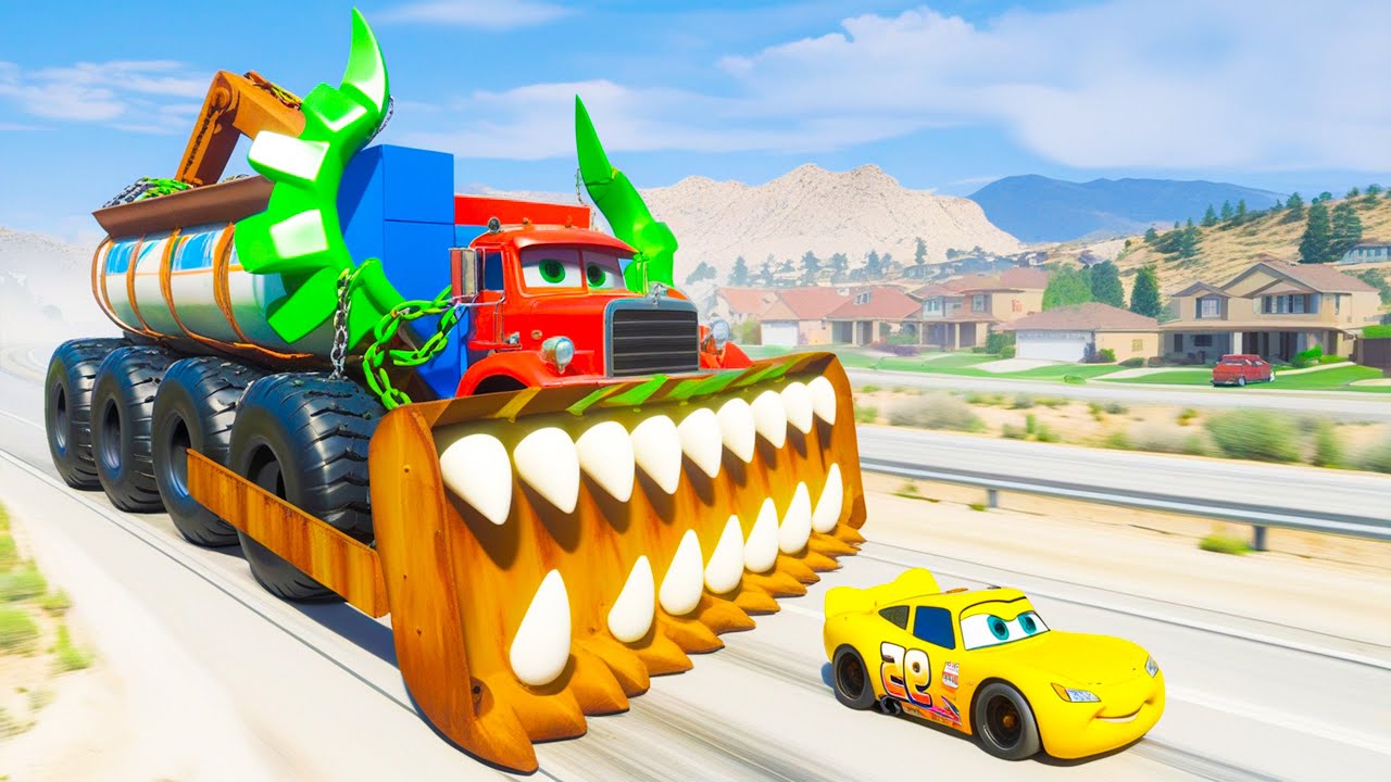 Giant CRANE SQUEEZER McQueen Truck Eater VS Cars Lightning McQueen Escape Monster Beamng Drive #9