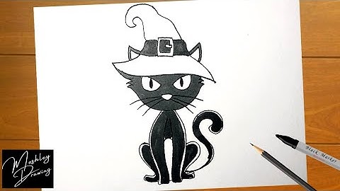How to Draw a Black Cat With a Witch Hat - Halloween Stuff Drawing
