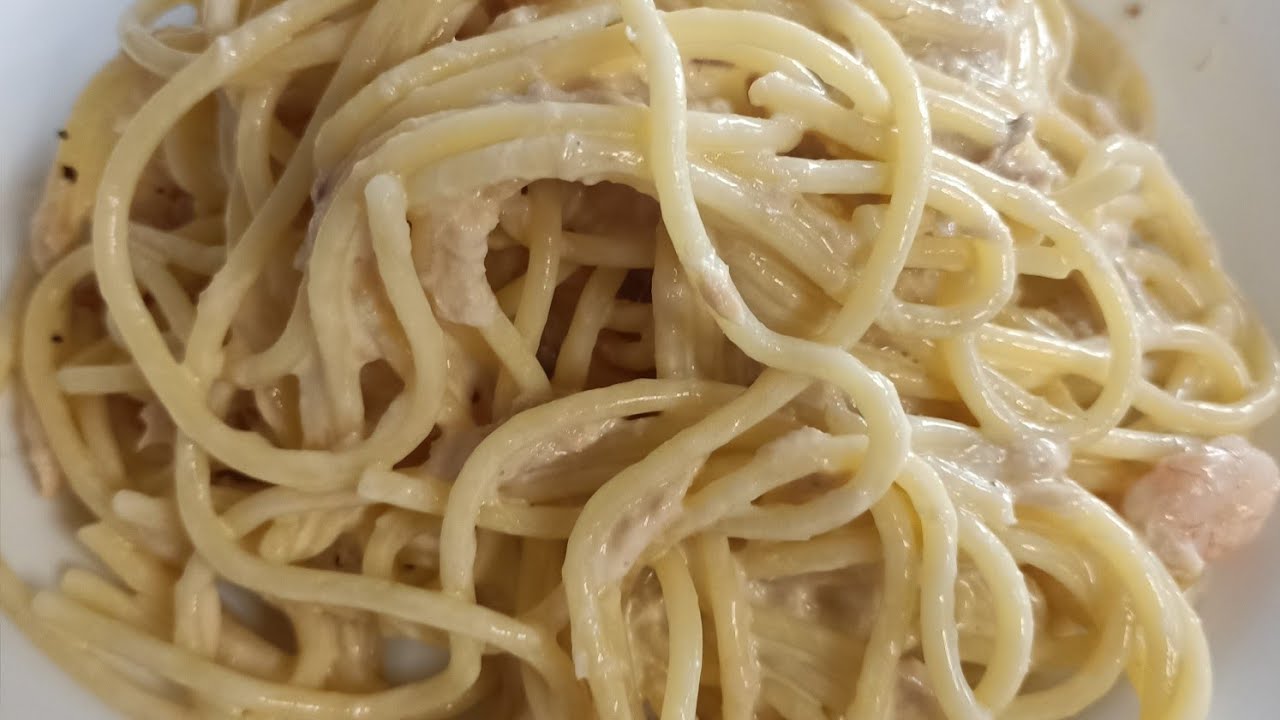 Espaguetis con gambas y atún , fácil y rico con Thermomix