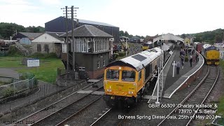 GBRf 66309 powers out of Bo'ness with European Horn plus Caledonian Sleeper 73970: 25/05/24