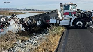 Big rig overturns on Highway 37 near Vallejo; both directions closed due to gasoline leak
