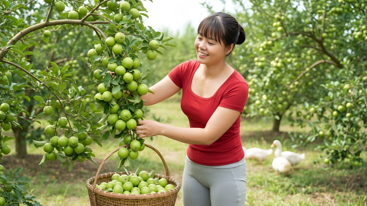 Cosecha de Manzanas Verdes Dulces | Cuidado de Patos y Cerdos en la Granja