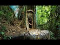 Build and survive alone  clay house inside big tree how to make stream fish trap