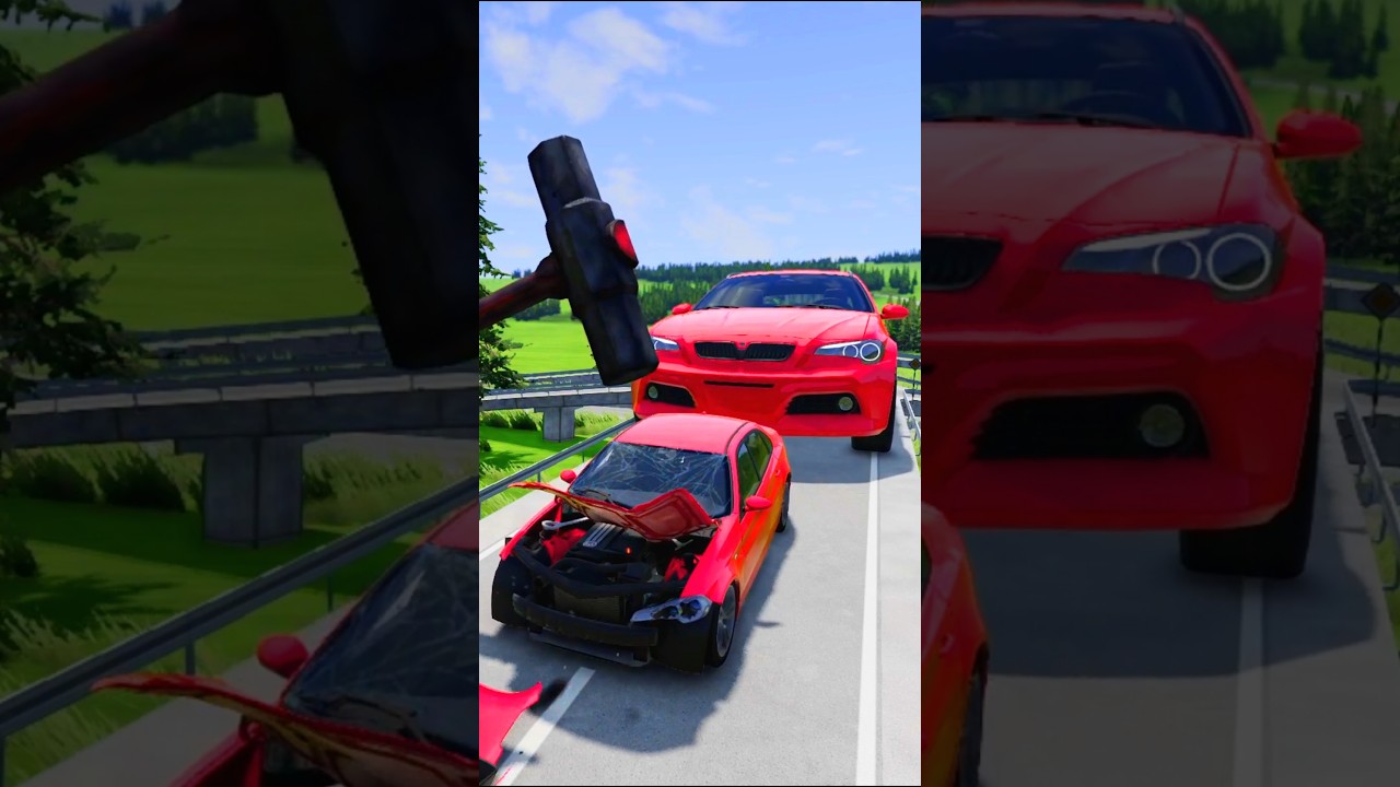 Red Small & Big Cars vs Giant Hammer 