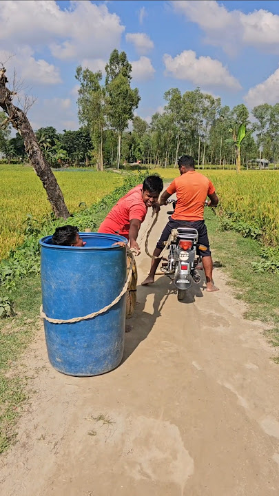 The boy hid inside the drum.