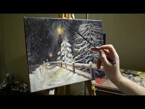 Landscape oil painting in Time-lapse | Winter night