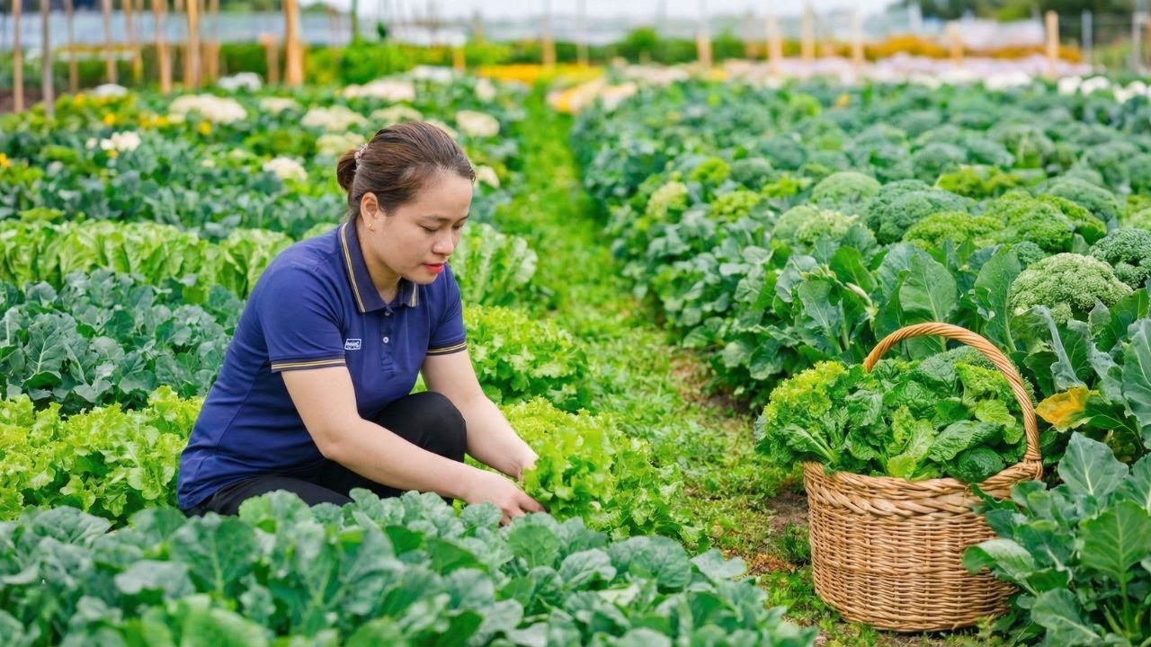 Harvesting Green Vegetables from the Garden and Taking Them to the Market for Sale, Cooking