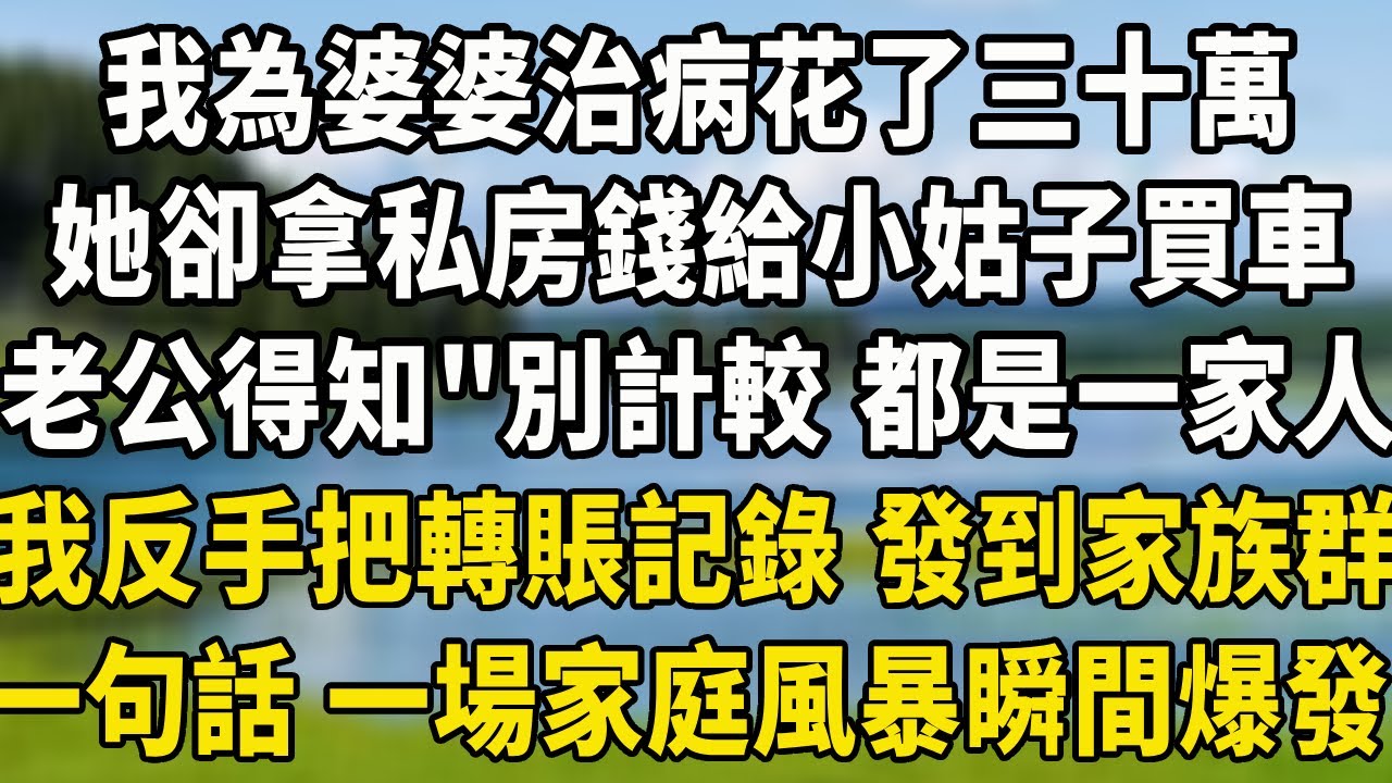 我為婆婆治病花了三十萬，她卻拿私房錢給小姑子買車，老公得知後“別計較，都是一家人”，我反手把轉賬記錄 發到家族群，一句話 一場家庭風暴瞬間爆發！