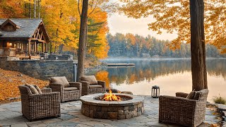 Serene Autumn Cabin by the Lake: Crackling Fire Pit, Water, and Nature Sounds For Relaxing, Study