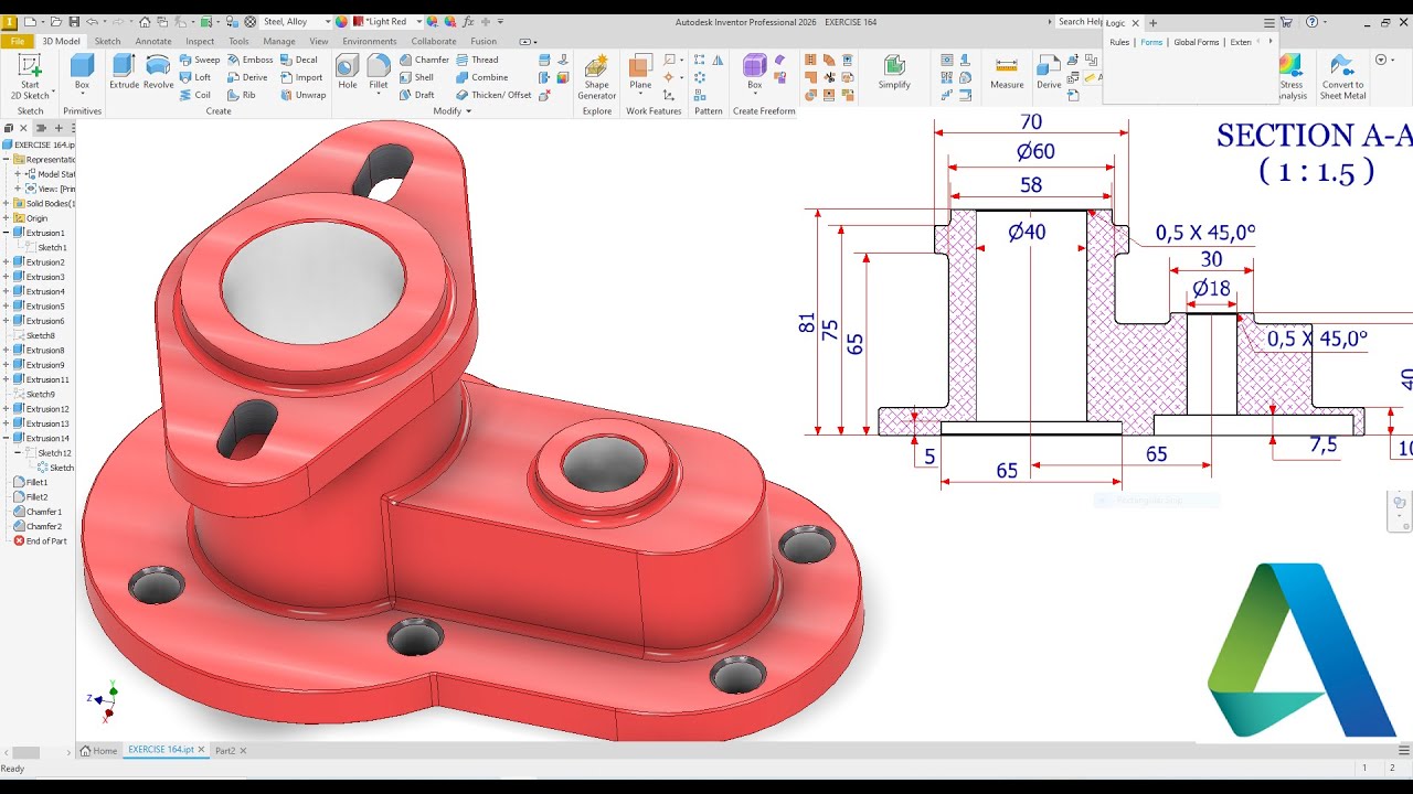 Autodesk Inventor Design Flanged Bearing Block Exercise 164 - YouTube