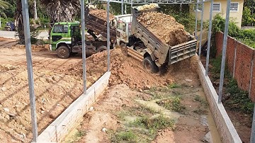 Start Incredible New PROJECT! 5-T Truck Overloading Soil & Dozer Move Soil Into House Foundation
