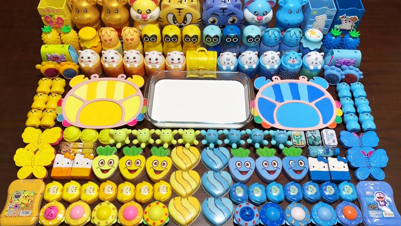 YELLOW VS BLUE ! ENJOYING WITH CLAY AND GLITTER ! Mixing Random Things Into GLOSSY Slime 