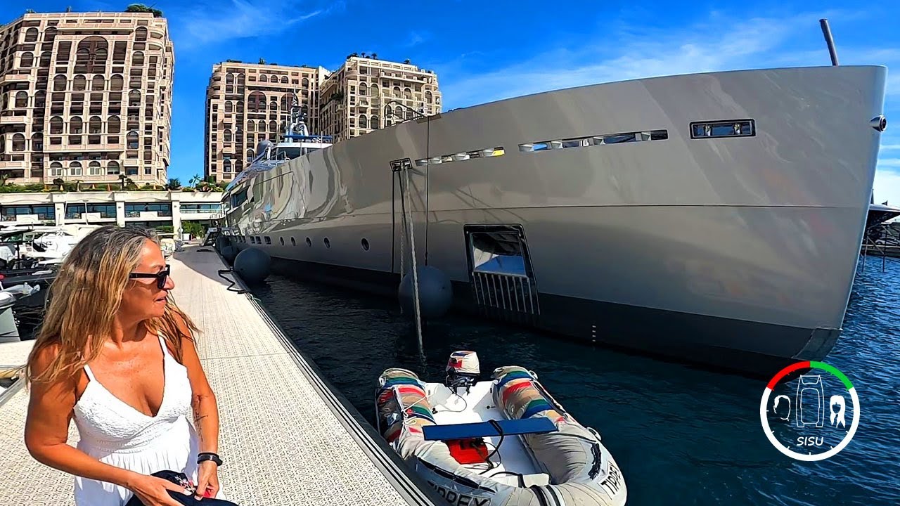 #129 GALE FORCE WINDS & SISU rubs fenders with the SUPER RICH YACHT A in MONACO Marina | Leopard 45