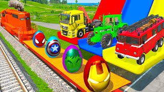 Monster Trucks Potholes Flatbed Trailer Truck Car Rescue Bus - Cars vs Deep Water - Cars vs Stairs