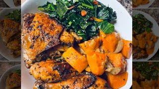 Crispy Baked Chicken with Collards and Sweet Potatoes.