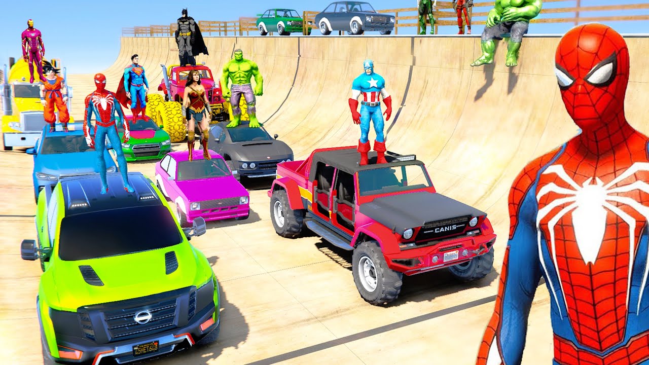 Spiderman New Trucks Challenge On Desert Rampa with Superheroes CARS Racing Challenge - GTA 5