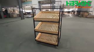 3 Layers Bread Rack Bakery Display Showcase Movable 4 Wheels Bread Display Shelf With Wooden Crates