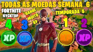 LOCALIZAÇÃO DE TODAS AS MOEDAS DE XP SEMANA 6 - FORTNITE TEMPORADA 5