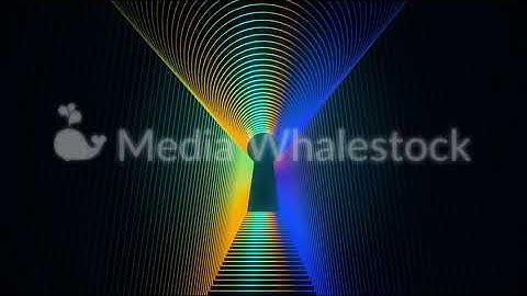 Abstract animation of neon keyhole icon forming the tunnel on black background with the light