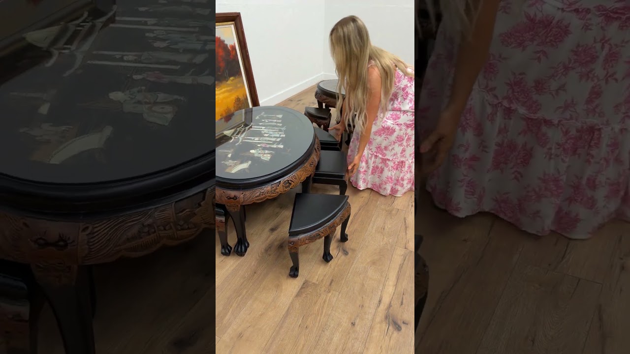 Chinese Vintage Lacquer Teak Tea or Coffee Table & 6 Stools