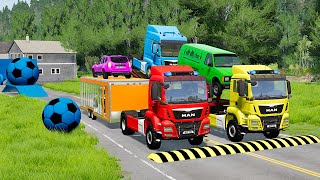 Double Flatbed Trailer Truck vs Speedbumps Train vs Cars | Tractor vs Train Beamng.Drive 010