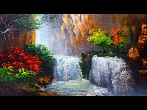 How to paint Water falls and Autumn Trees | Acrylic painting for beginners | Full painting tutorial