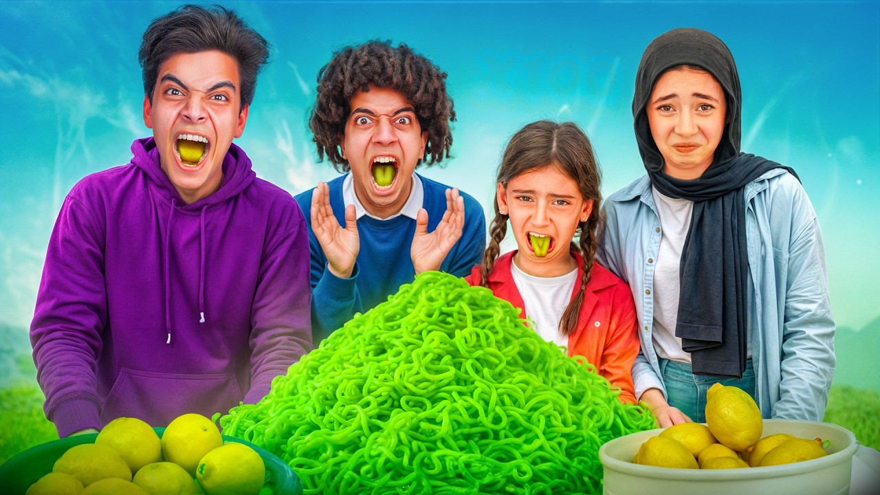 تحدي أحمض نودلز في العالم 😖😱 النودلز الأخضر 🟩 🍜 الحسين وشاور راحوا فيها 😭💔