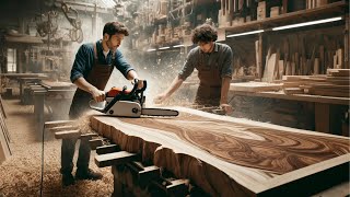 The giant wood factory operates at full capacity, with skillful techniques from carpenters