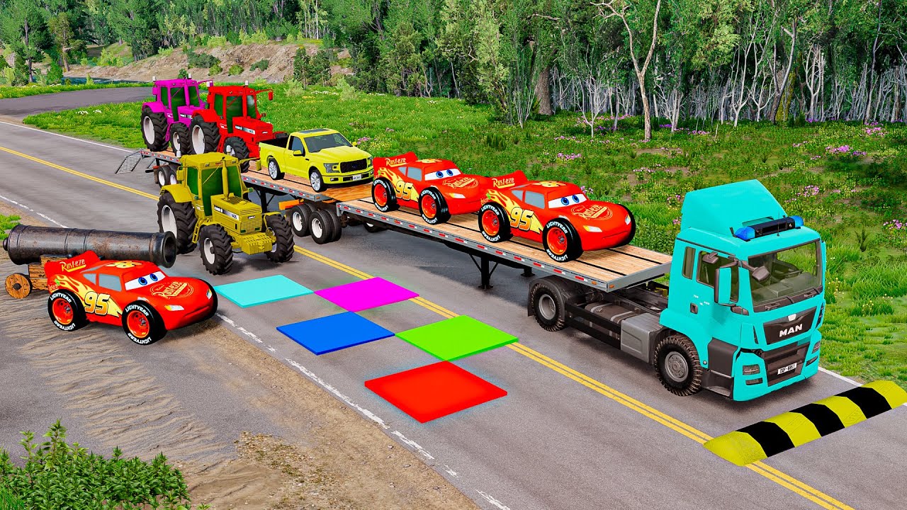 Грузовик с бортовой платформой Mcqueen | Перевозка на грузовике — выбоина против автомобиля — Bea...