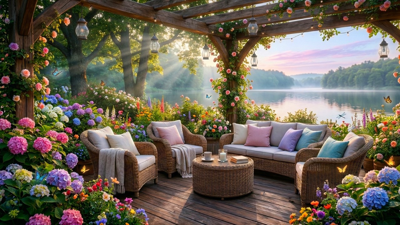 ✨ Magical Morning Lake Terrace: Soothing Birdsong & Acoustic Guitar | Deep Relaxation & Focus