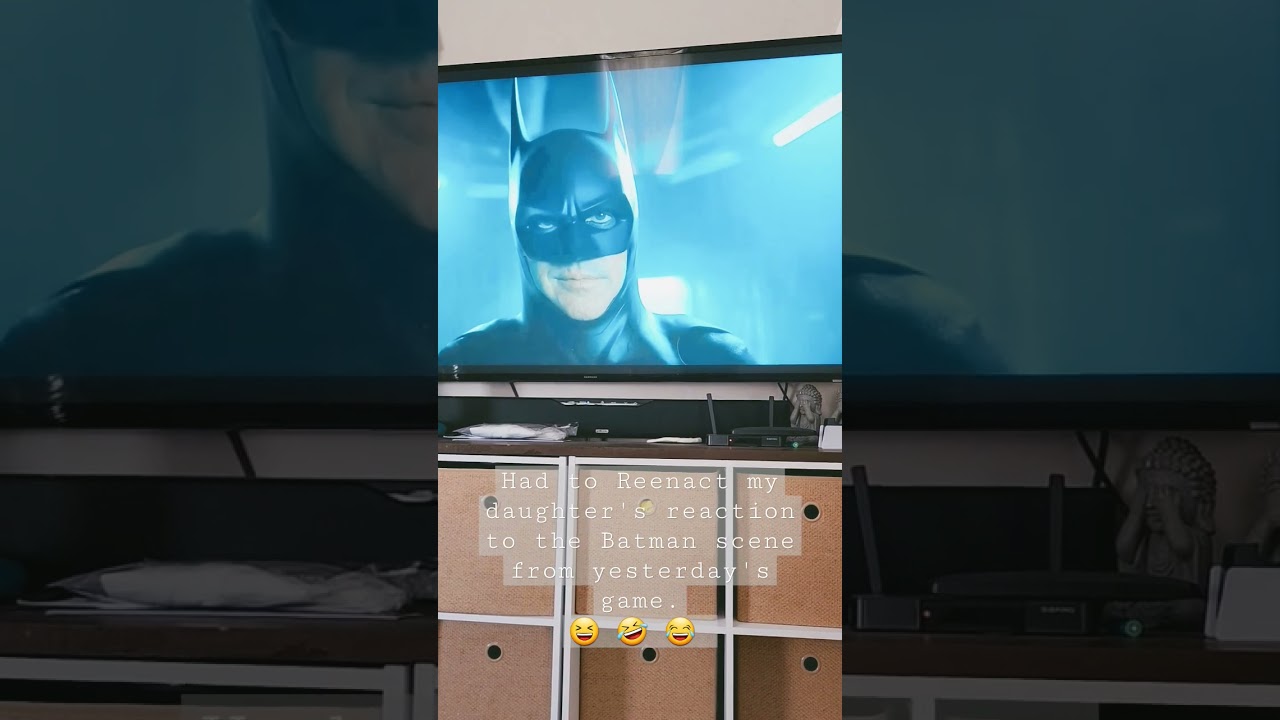 I AM BATMAN! Reenacting Daughter's Reaction to Batman scene from Trailer during Superbowl. 