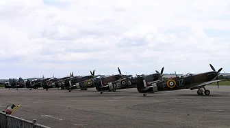 Supermarine Spitfire six plane aerial display at Duxford UK Flying Legends Airshow July 2011
