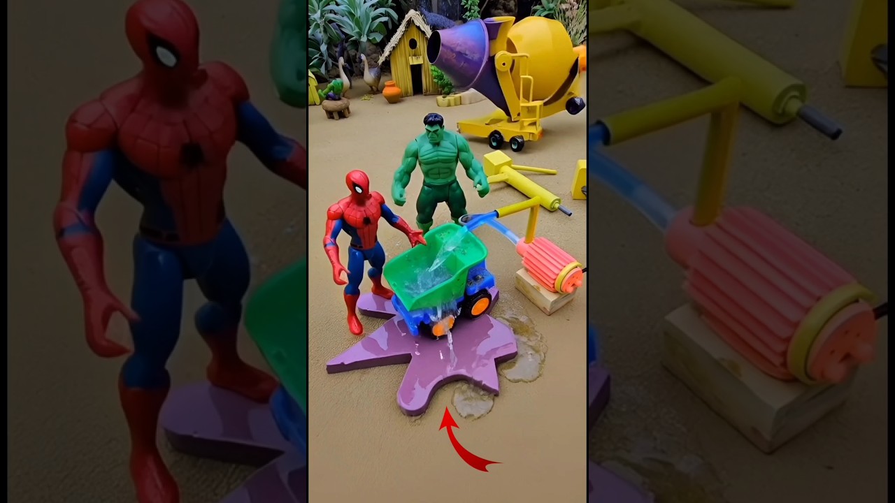 Mini water pump science project with dump truck purple concrete & mixer & diy tractor cow farm 