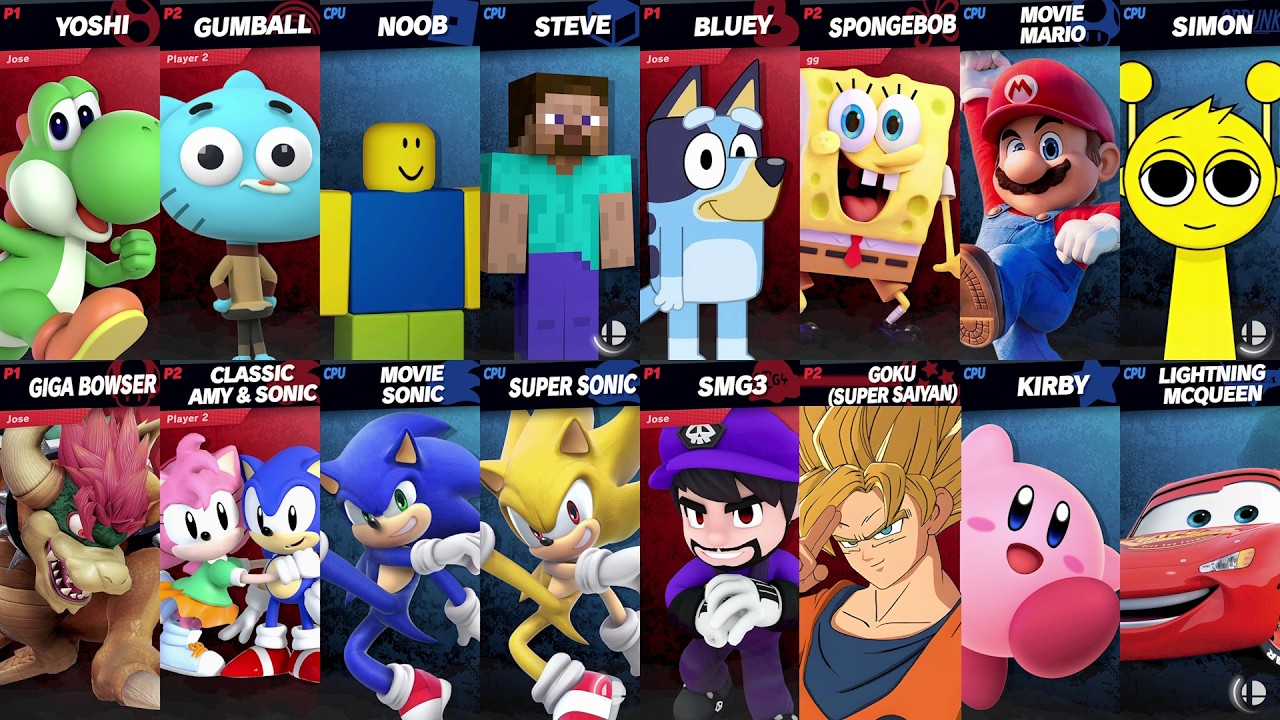 Sonic vs Mario vs Bluey vs SpongeBob vs Roblox vs Minecraft vs Car | Super Smash Bros Ultimate