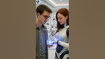Man and Humanoid Robot Face-to-Face in a Futuristic Technology Showroom #ai #robot #technology
