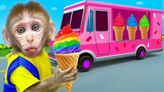 KiKi Monkey eats sweet Colorful Ice Cream from Truck | KUDO ANIMAL KIKI