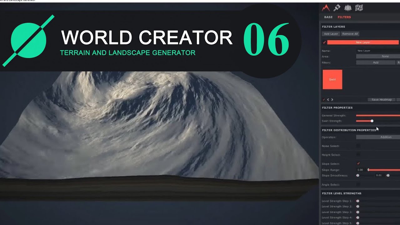 World Creator 2. Path filter settings. Shape filter, Distortion, Magnify, Pixelate, Swirl and others