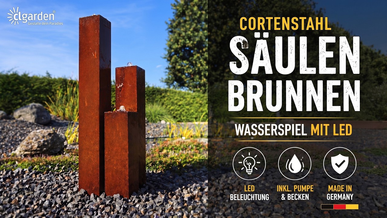 Cortenstahl Säulenbrunnen CSBS75 – 3er Brunnen Säulen Gartenbrunnen
