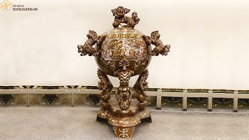 Đỉnh Thất Lân Vờn Cầu bằng đồng đỏ khảm ngũ sắc tinh xảo ✓✓✓