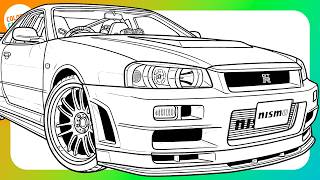 Coloring Nissan Skyline GT-R R34 | Coloring Page | Coloring Art | Art Therapy | Coloring Cars