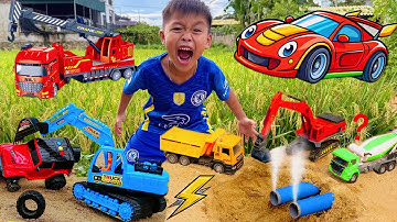 Em tu bi cuộc thi đua xe trộn bê tông, bánh xe bay 5 mét trên không làm công trường máy xúc bỏ chạy