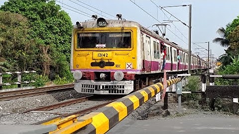 Newly Painted Colourful Shiny EMU Local Train Back to Back Skip Through Level Crossing | ER